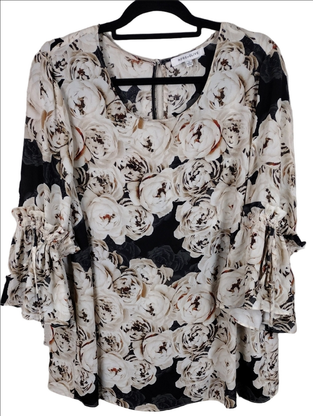 Rose + Olive Cream Black Floral Scoop Neck Keyhole Back 3/4 Flared Sleeve Top